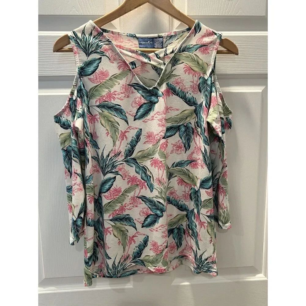 CARIBBEAN JOE WOMEN'S Medium Cold Shoulder Palm Trees